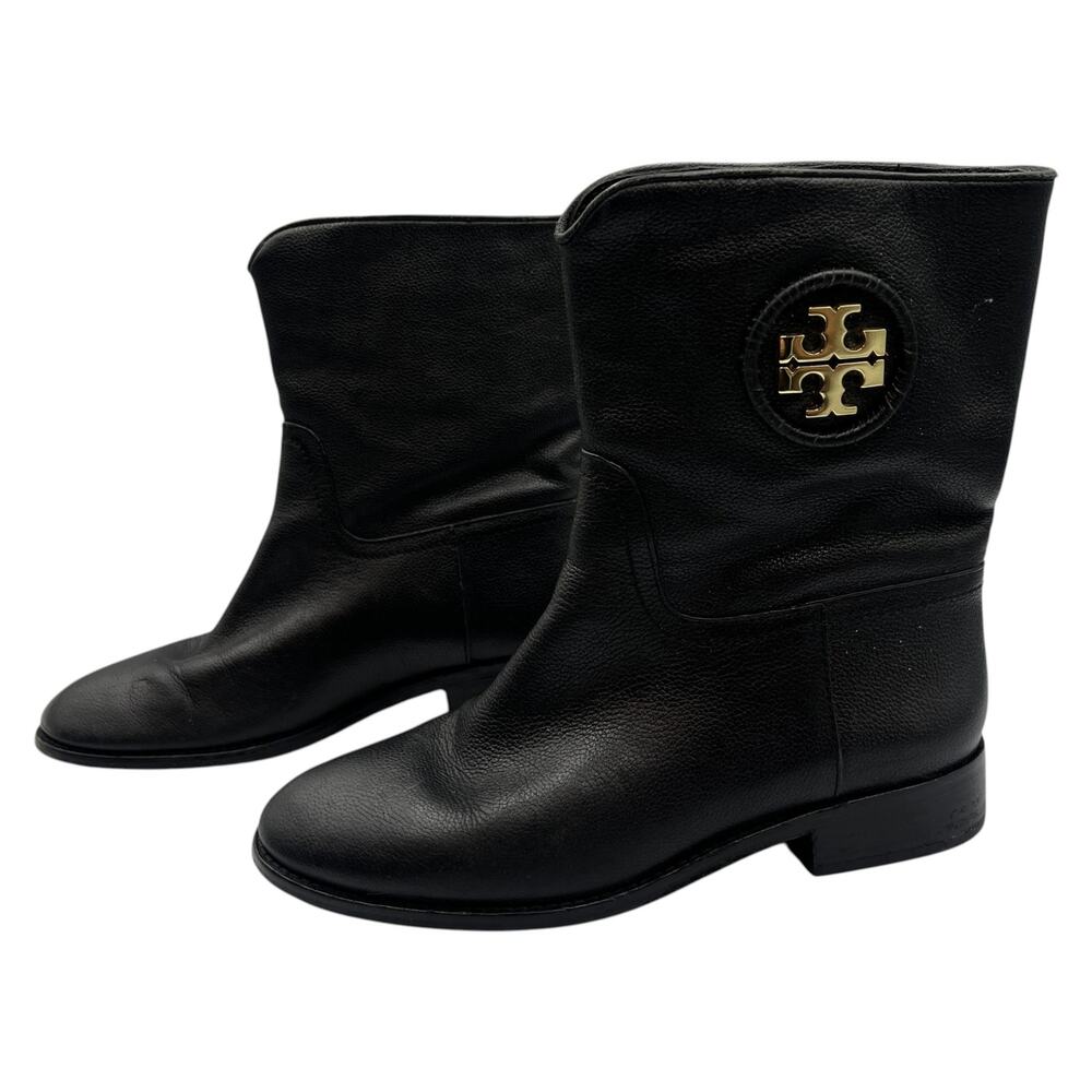Tory Burch Hallie Mid Shaft Leather Moto Riding Boots Booties Black Size 6.5M - Picture 3 of 9